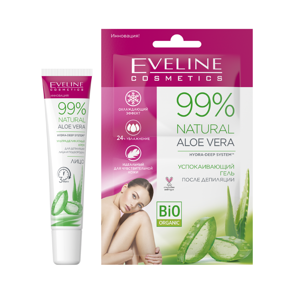Eveline Депилятор-крем для лица 99% Natural Алоэ, 20мл + Гель после ...