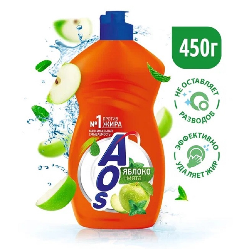 Средство для мытья посуды AOS Яблоко + мята, объем: 450гр - купить в ...